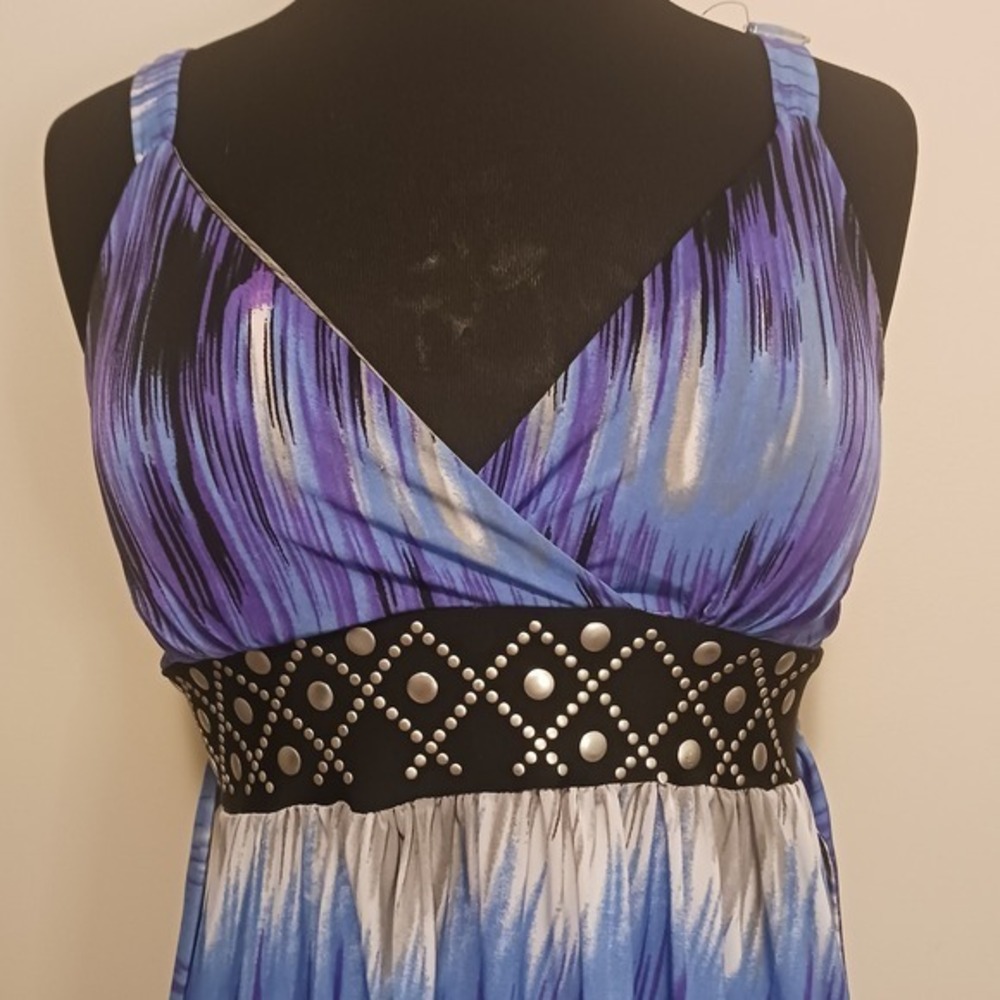 Studio West Purple Blue Midi Dress Black Studded Waist tie back Sleeveless large